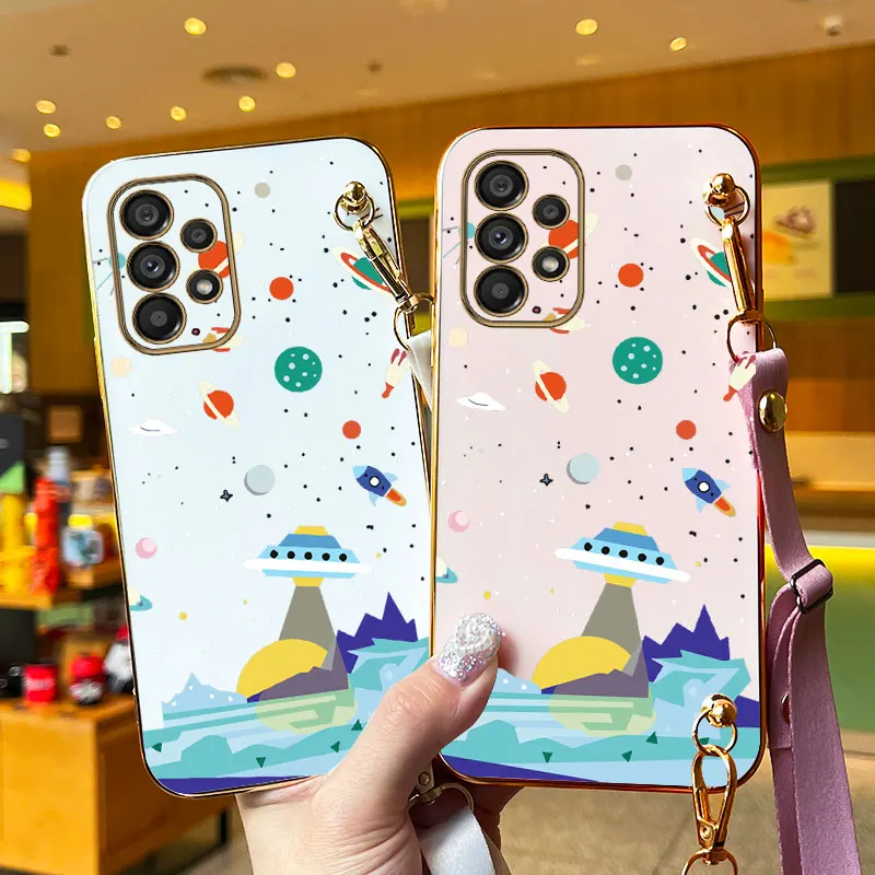 Sailing Spaceships Lanyard Plating Phone Case For Samsung Galaxy A53 A51 A52 A54 A71 A42 A31 A70 A32 A33 A73 A34 A25 A24 Cover