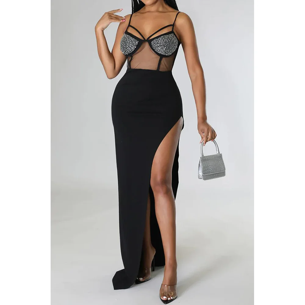Women Sexy Spaghetti Strap See Through Sheer Mesh Rhinestone Maxi Party Dress