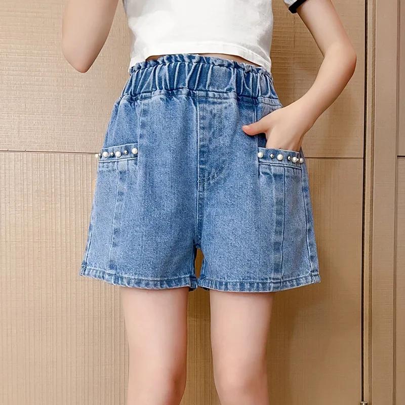 Vintage Baby Girl Front Pocket Denim Shorts For Children Cool Summer Beads Shorts With Pearls For Teens Child Age 5 7 9 11 13 14