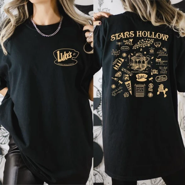 Stars Hollow Two-Sided Print Short Sleeves T-shirt  Back and Front Stars Hollow Men Women Shirt,Lukes Diner Harajuku Tee Tops