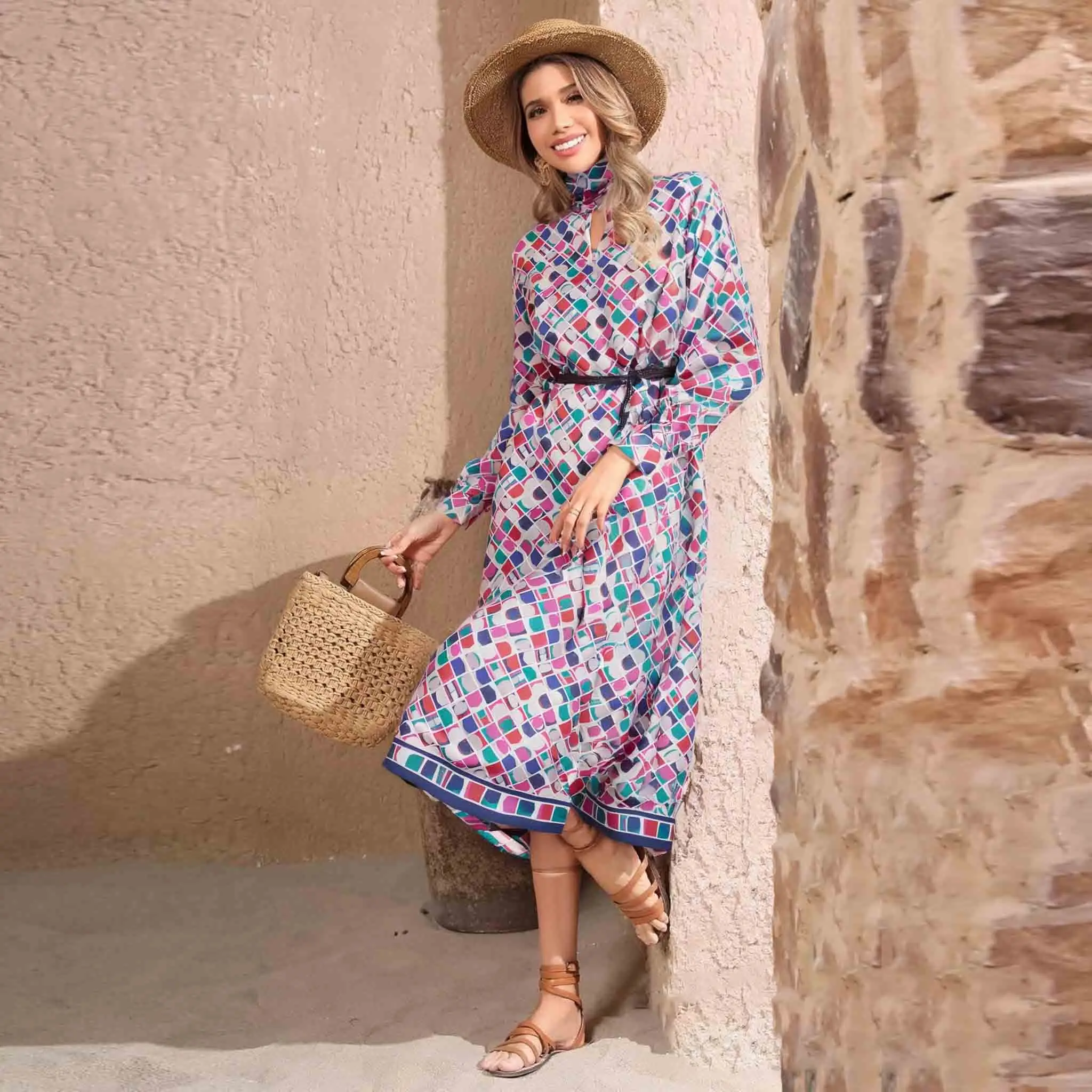 Nuovo abito camicia da donna manica lunga grembiule da festa colletto con sciarpa cava design della cintura moda versatile abito da vacanza autunno inverno