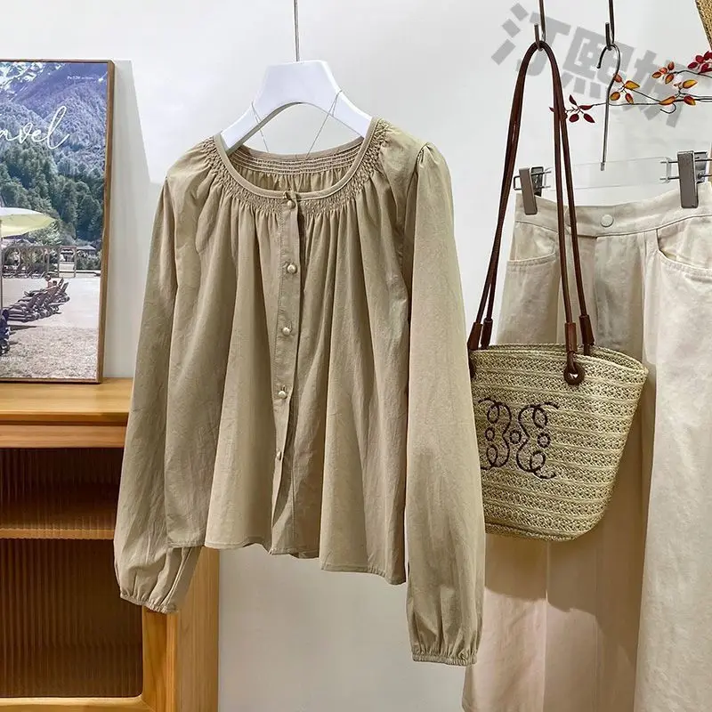 Vintage Pleated Long Sleeve Loose Shirt Tops Spring Autumn New O-neck Solid Temperament Blouse Fashion Casual Women Clothing