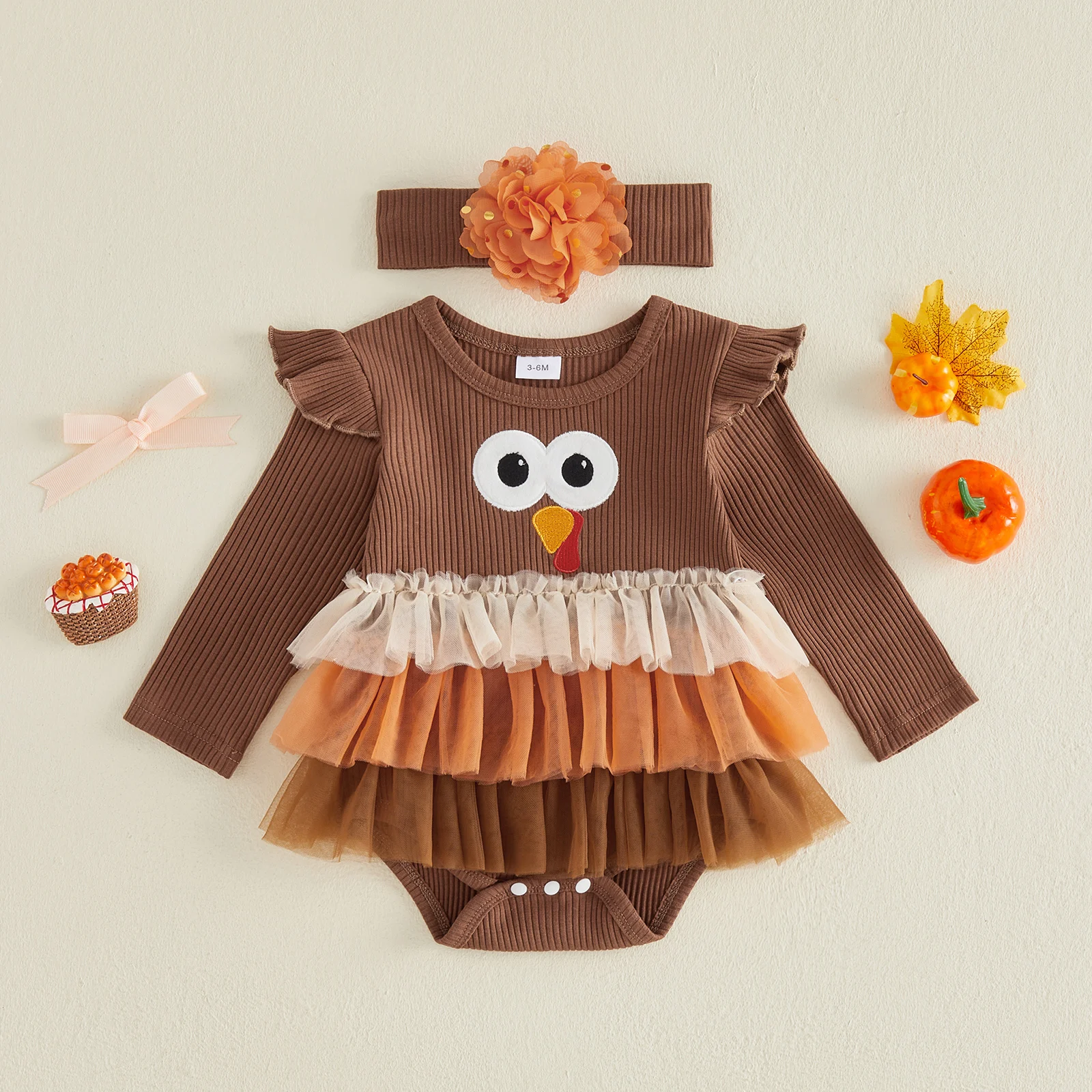 Baby Girls Thanksgiving Day Outfits Long Sleeve Turkey Romper with Headband Baby Bodysuits Fall Clothes