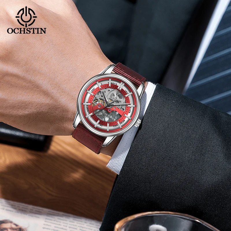 OCHSTIN Herren Nylon-Armband Wasserdichte Skelett-Mechanische Uhr Elegante Stilvolle Trendige Wasserdichte Armbanduhr