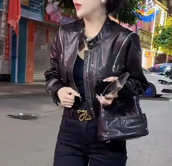 ربيع الخريف جديد Sle طبقة علوية حقيقية جلد البقر فضفاض التخسيس تنوعا المرأة الجلود Jaet ort ملابس خارجية الرياح الباردة