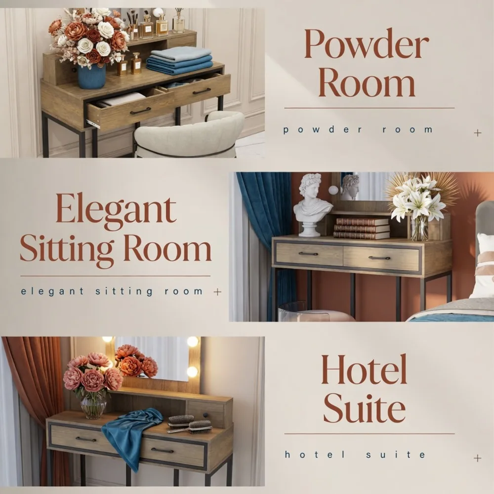 This Modern, Eco-friendly Brown Vanity Table Features A Durable, Transparent Tempered Glass Top, A Crystal-like Mirror with Three-color Backlighting, and Four Drawers for Flexible Storage of Various Beauty Products.