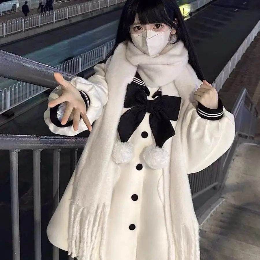 Mid-Length Coat for Women Student Style with Bowknot Autumn and Winter Overcoat