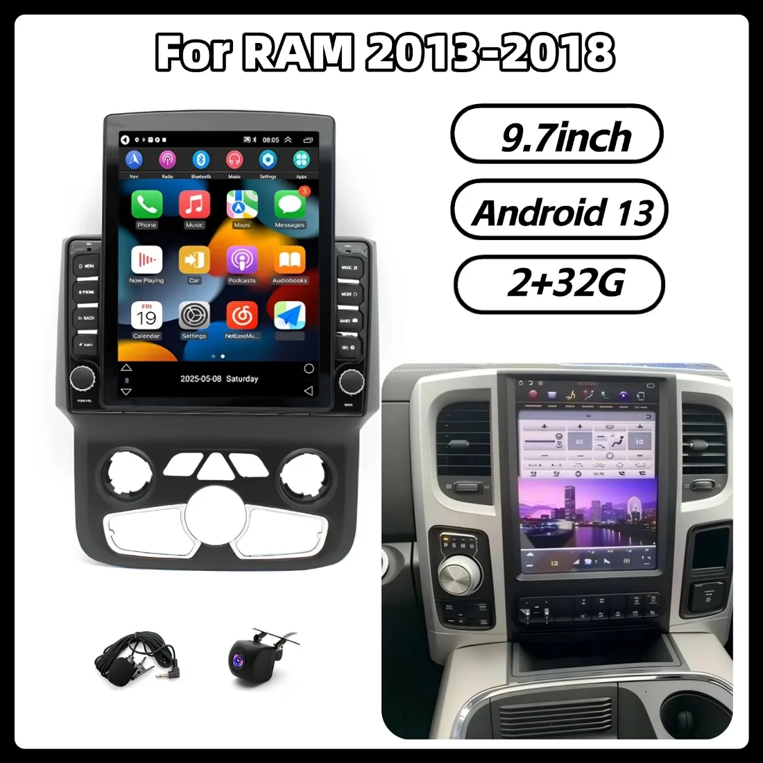 9.7in 2+32G Android13 Car Stereo GPS Navigation For RAM 2013-2018 For Carplay Android Auto Radio Bluetooth Multimedia Player