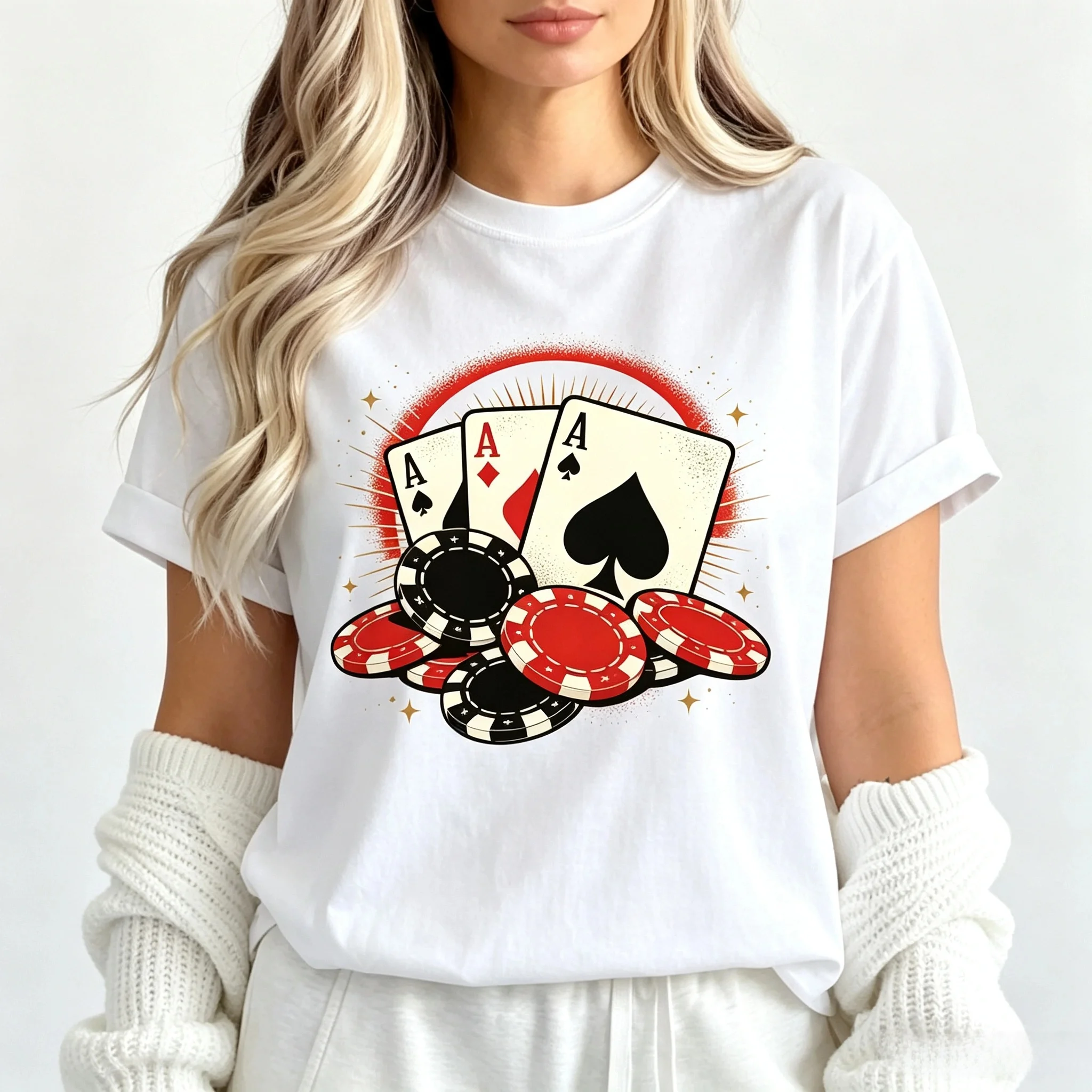 Unisex Three Ace Poker Cards Casino Chips Retro Graphic T Shirt Gambling Game Art Short Sleeve Casual Tee