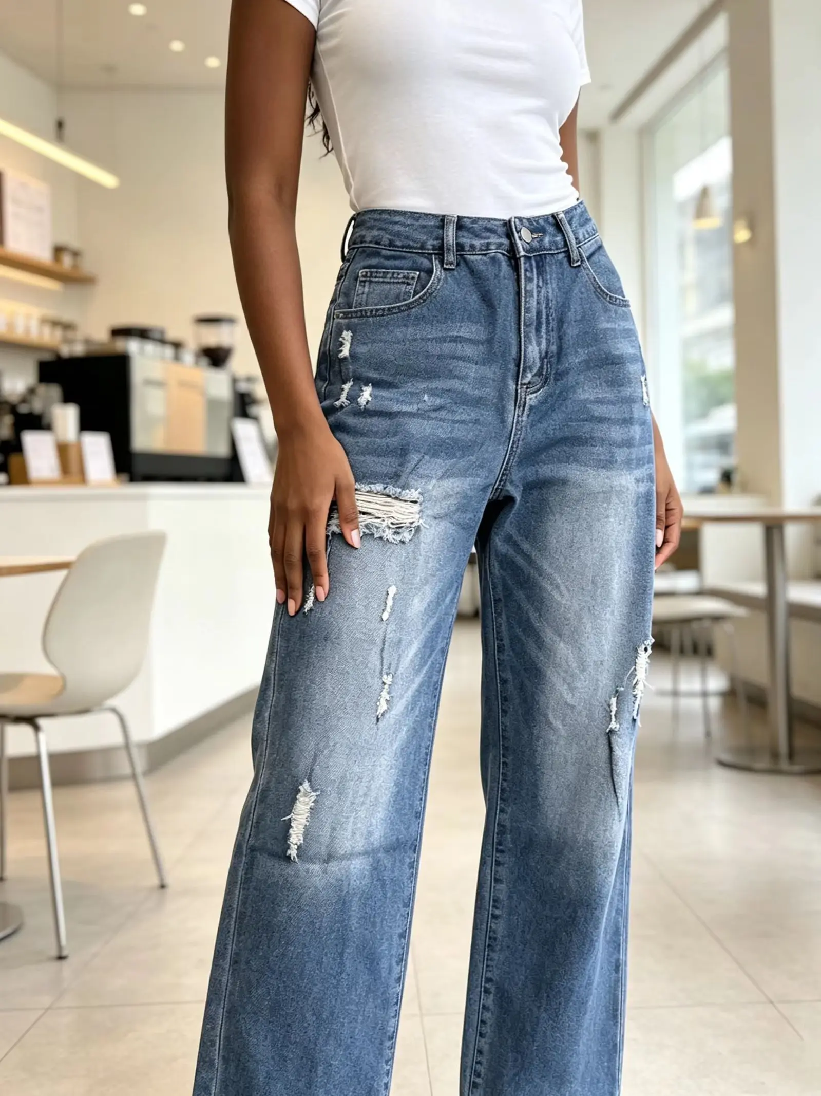 Women Spring Autumn Medium Blue High Waist Wide Leg Jeans Ripped Distressed Loose Draping Height Friendly Long Pants