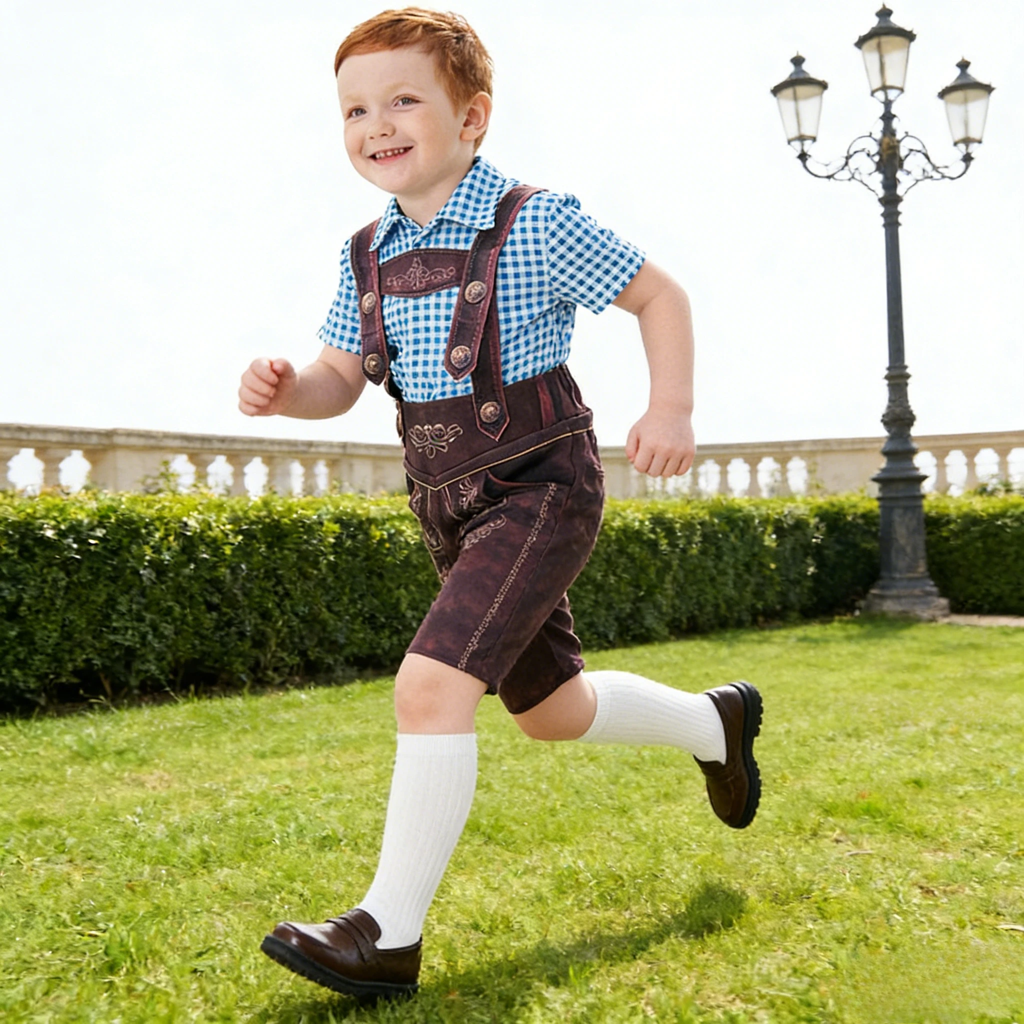 

Детский костюм для Октоберфеста: 3 цвета, комплект из ледерхозенов, рубашка в клетку, брюки на подтяжках, 2 предмета, синий, для мальчиков