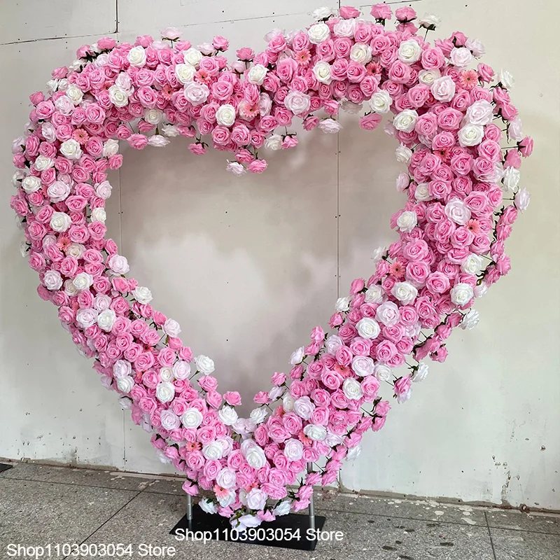 2x2m Rosa-Weißer Herzförmiger Künstlicher Blumenbogen aus Seidenrosen, Herzrahmen für Hochzeitsbühnen-Hintergrund, Hotel-Zeremonie-Dekoration – Detail 3