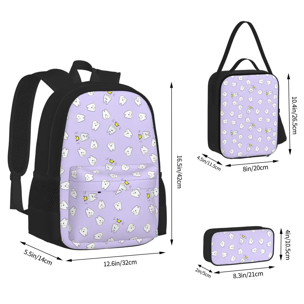 Tooth Dentist Nursery Print Violet Backpacks Boys Girls Bookbag School Bags Rucksack Lunch Bag Pen Bag Three-Piece Set