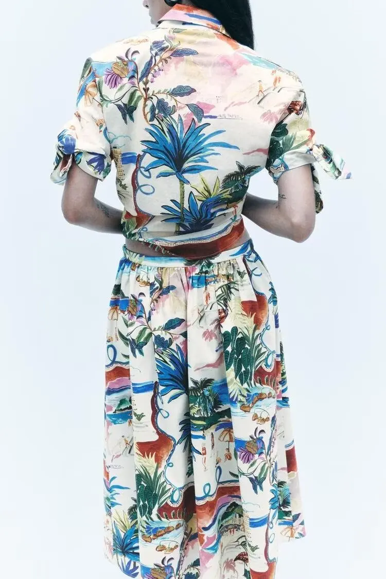 تنورة نسائية متوسطة الطول جديدة لصيف 2024 ort Sve مطبوعة irt فضفاضة تناسب شرابة تفاصيل نسيج بوليستر عادي طول Sve