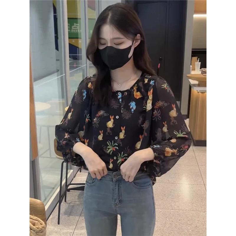 Women Spring Korean Fashion Loose Printing O-neck Long Sleeve Pullover Shirts Women Clothes Casual All-match Appear Thin Tops