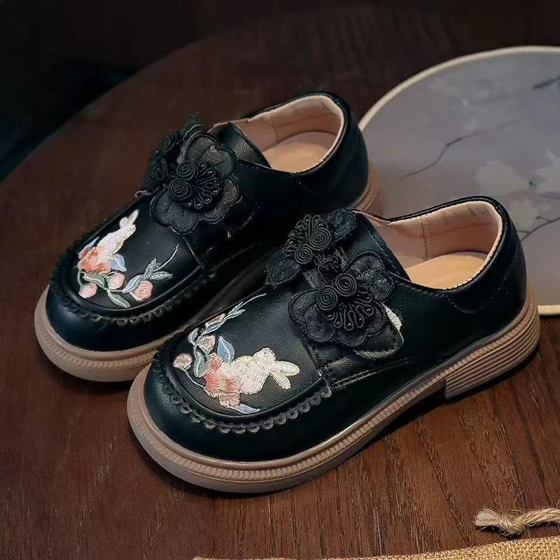 Girls Embroidered Loafers, Floral Bunny Embroidery Lace Trim Slip-On Platform Mary Jane Shoes, Non-Slip Soft Sole Dress Shoe