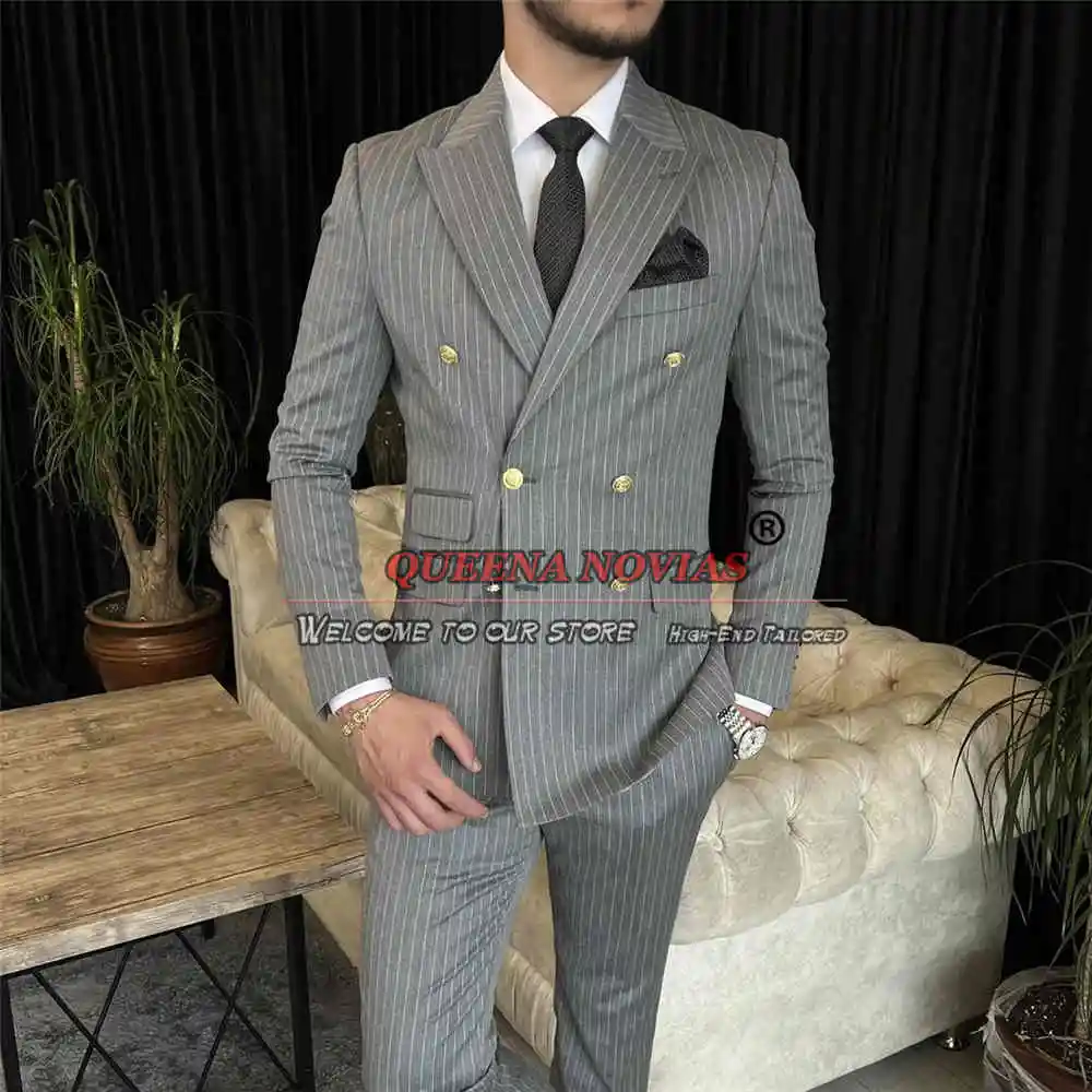 Traje a rayas para hombre, traje Formal de negocios, ropa de oficina, conjunto de Blazer de doble botonadura, ropa de moda masculina, pantalones de chaqueta hechos a medida, 2 piezas