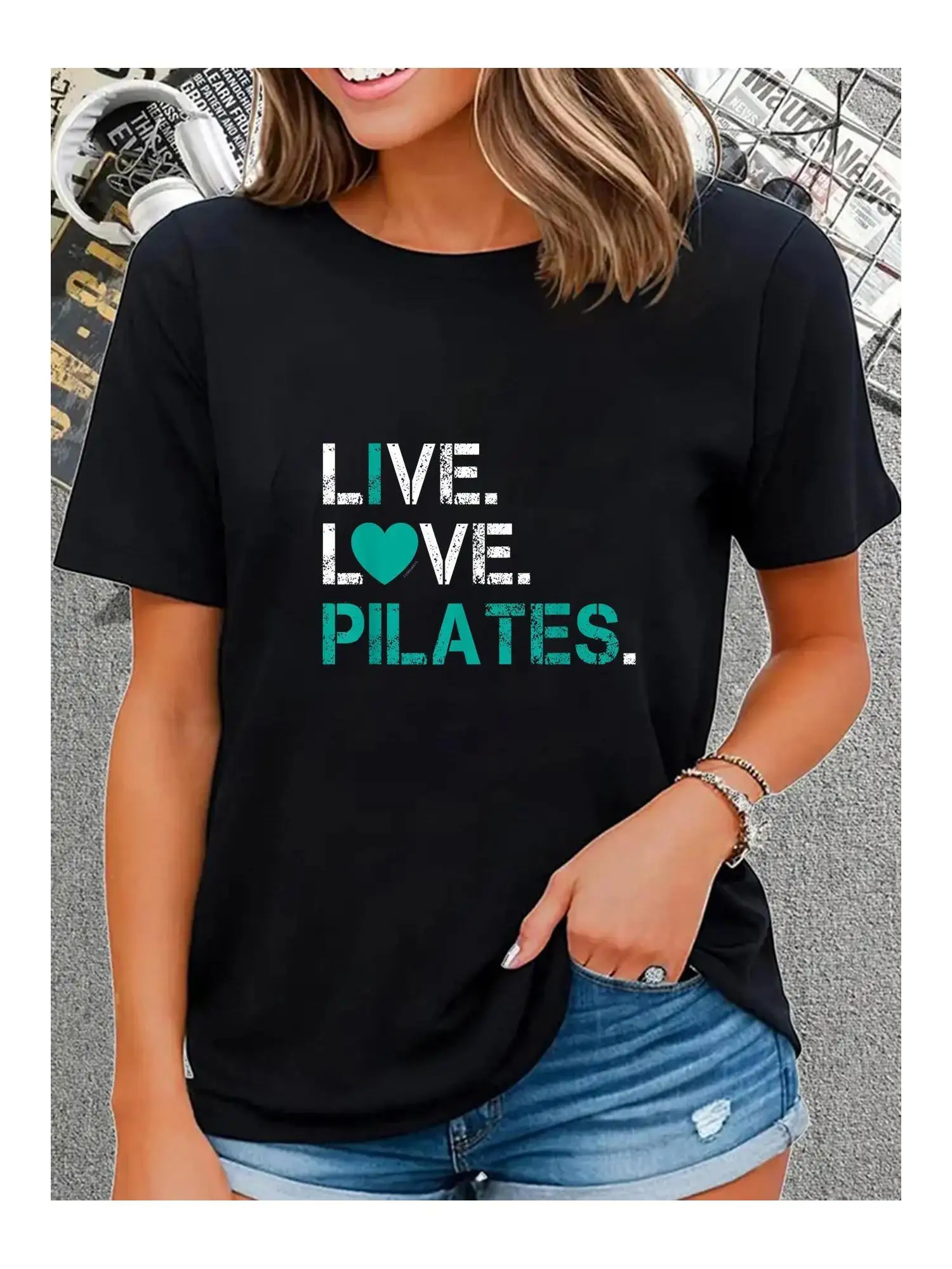 

Women's Live Love Pilates 100% T-Shirt Casual Crew Neck Fit Black with White Teal Letter Print Perfect for Spring Summer
