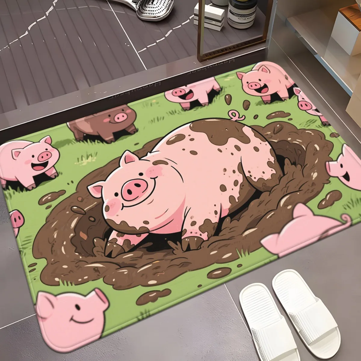 Welcome Door Mat Pink Pig Heart Pattern Front Door Floor Accent Indoor Entryway Hallway Porch Decor Cute Farm Theme House