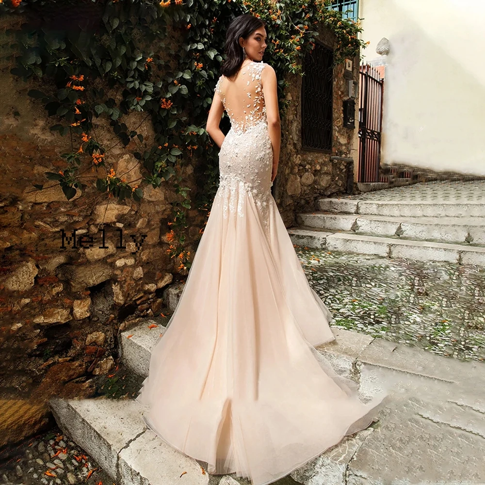 Champagne Wedding Dresses for Women Sleeveless Mermaid Bridal Gowns with Lace Soft Tulle Vestido De Novia Backless 2024 Summer