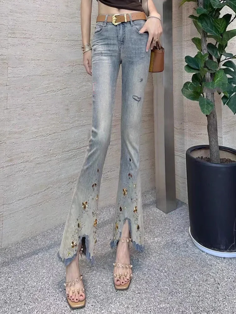 

Embroidered Flowers Tasseled Jeans Women Trousers 2023 Summer New Retro Cotton Stretch Bell-bottoms Pants High Street