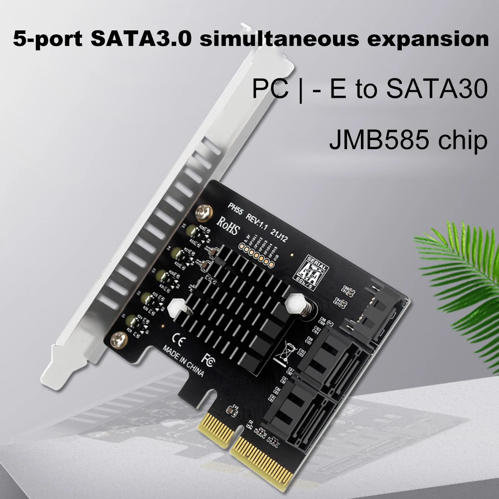 Tarjeta de expansión PCIe a SATA3.0 de 5 puertos Chip Jmb585 Tarjeta de expansión PCI-E a SATA compatible con embellecedor en cascada para Windows/Linux/OS