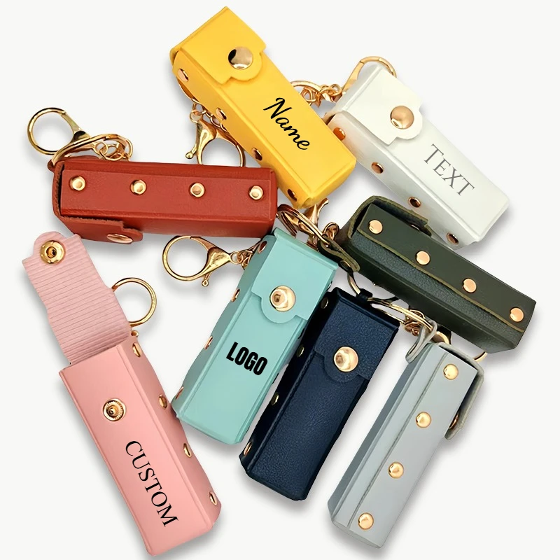 

Custom Text Lipstick Holder Keychain Leather Chapstick Case Key Chain Lip Balm Portable Sleeve Laser Engrave Personalized Gift