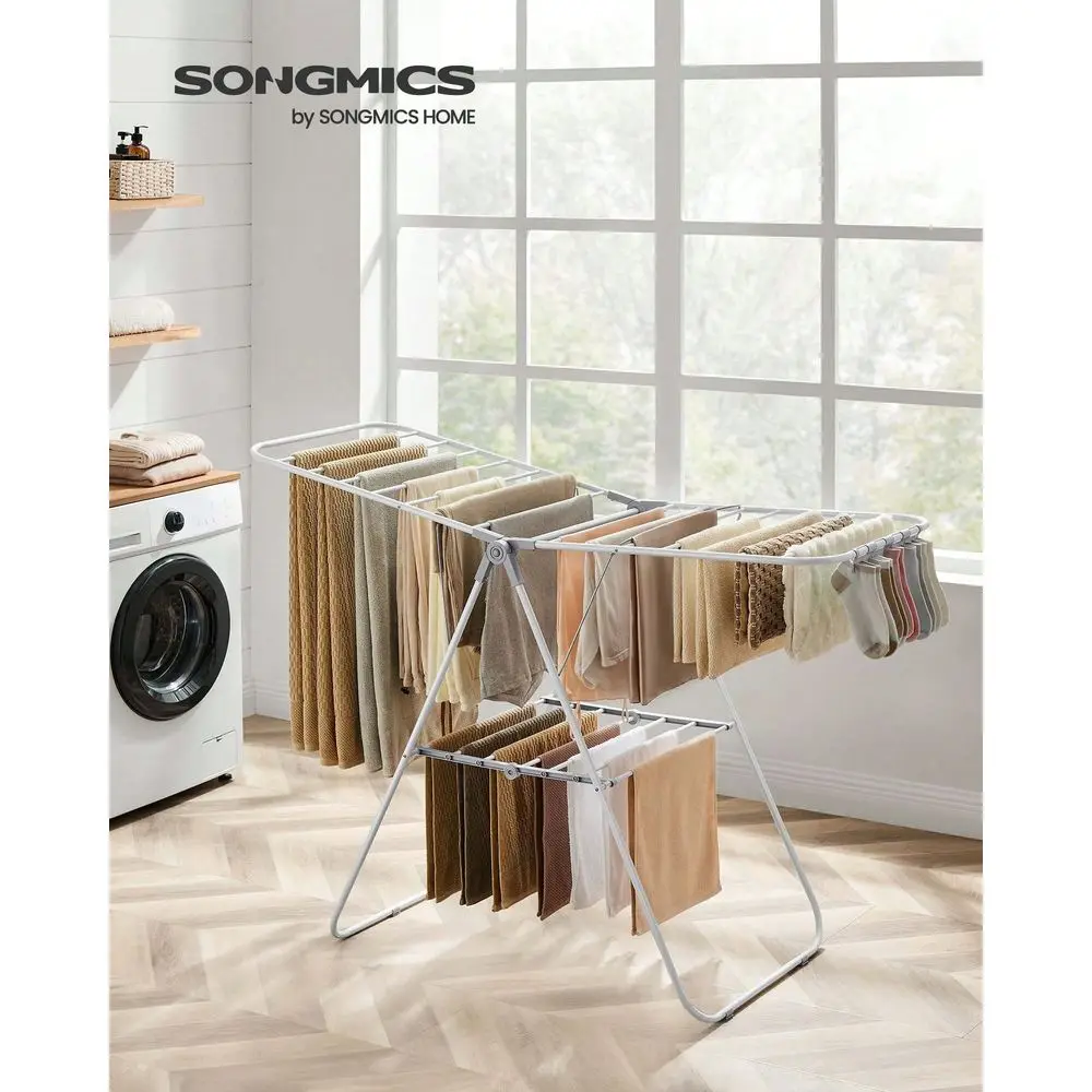 

Clothes Drying Rack, With Sock Clips, Metal Laundry Rack, Foldable, SpaceSaving, FreeStanding Airer, With HeightAdjustable Gullw