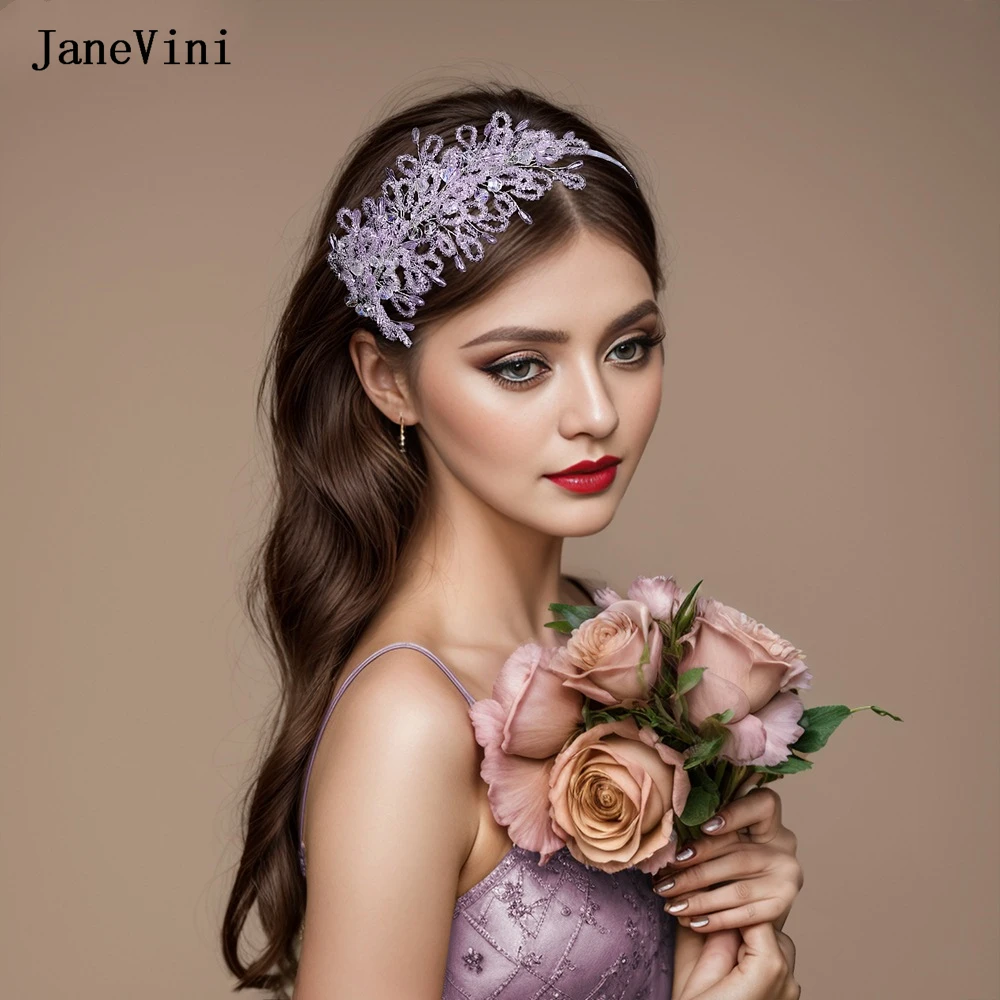 JaneVini Light Purple Crystal Flower Headband Princess Bridal Crown Women Tiara Headwear Beaded Jewelry Wedding Hair Accessories