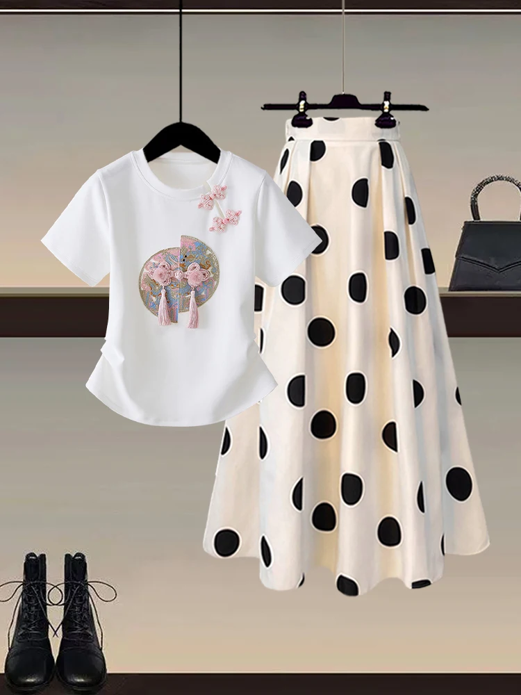 

New Chinese Style Design Slim Fit Short Sleeve T-Shirt Top High Waist Polka Dot Half Skirt Two Piece Set Women's Fashion