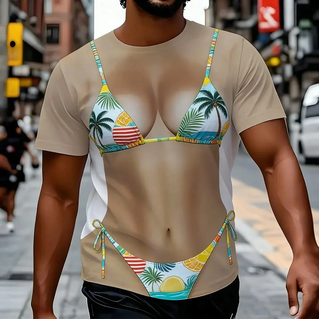 Funny bikini pattern T-shirt, 3D printed fake abdominal muscle short sleeved T-shirt, female role-playing costume, fun T-shirt