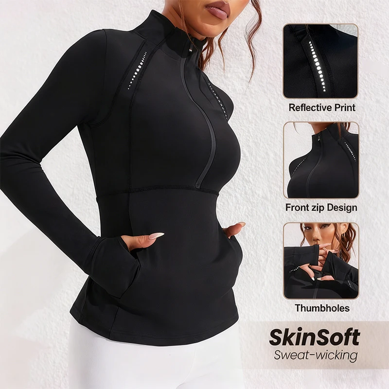 Solid Color Breathable Long Sleeve Yoga Top for Women Thumb Hole Stand Collar Reflective Print Slim Fit Fitness Sportswear