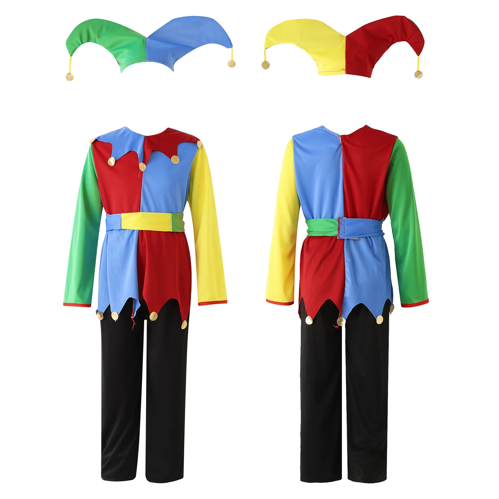 Kids Halloween Circus Clown Costume Carnival Fancy Party Cosplay Stage Performance Outfit Color Block Clowns Dress with Pants