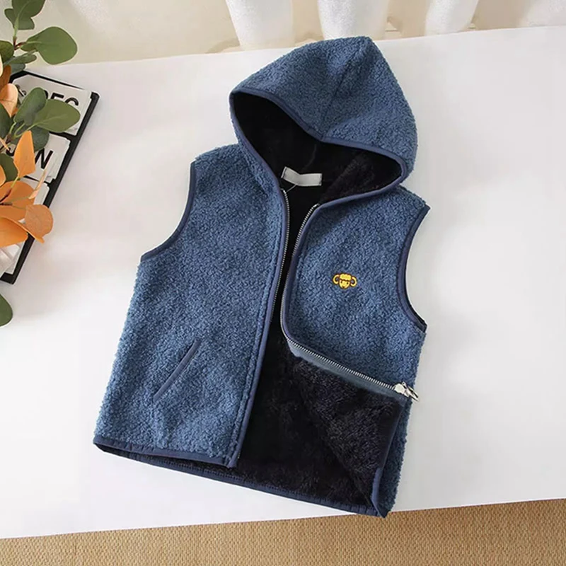 Autumn Winter Lamb Wool Plus Velvet Children Vest  Sleeveless Hooded Outerwear Solid Casual Vest Baby Boy Girl Warm Kids Coat