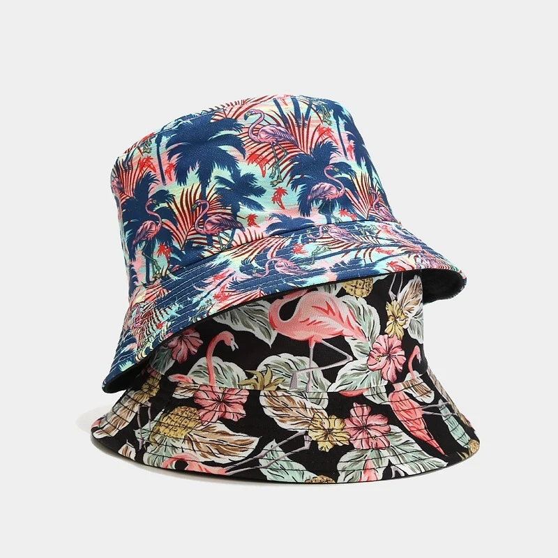 Flamingo Pineapple Print Bucket Hat Reversible Tropical Sun Cap for Beach Vacation