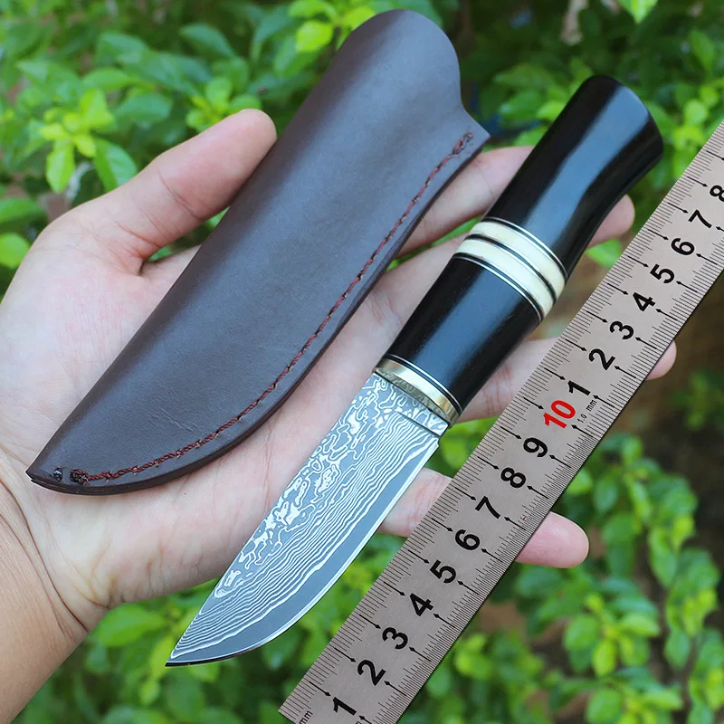 Fixed Blade Knife Damascus Steel With Holster Ebony Wood Portable Camping Hunting Knife Outdoor Survival Knives EDC Tools Gift