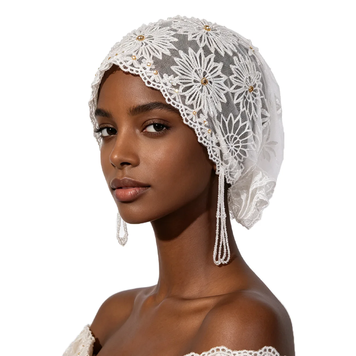 Africa Hijab for Women Sunflower Beanie with A Stylish Lace Two Layer Black White Scarf and A Head Covering Cap Good Looking view 4