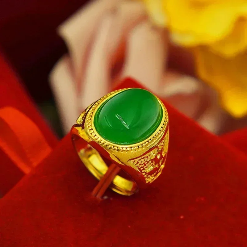 Pure gold ring AU750 same style mens 999 real gold ring 24K agate Pixiu God of Wealth adjustable gold inlaid with jade