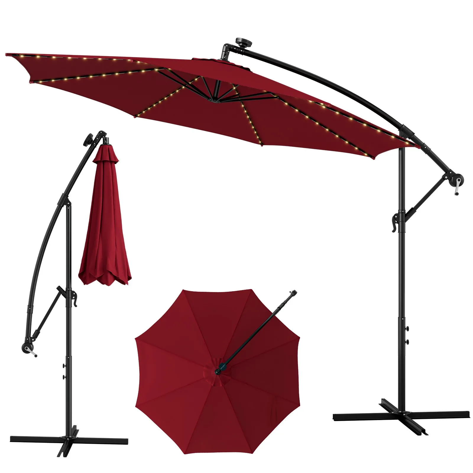 10FT Patio Solar-Lighted 112 LED Cantilever Offset Umbrella Crank Tilt Outdoor