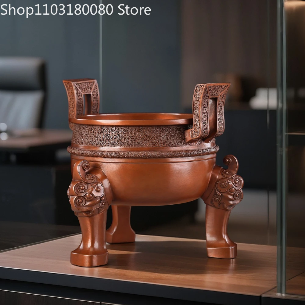 Red Copper carving Ding bronze tripod Chinese Chu Dading sculpture Fengshui Decor