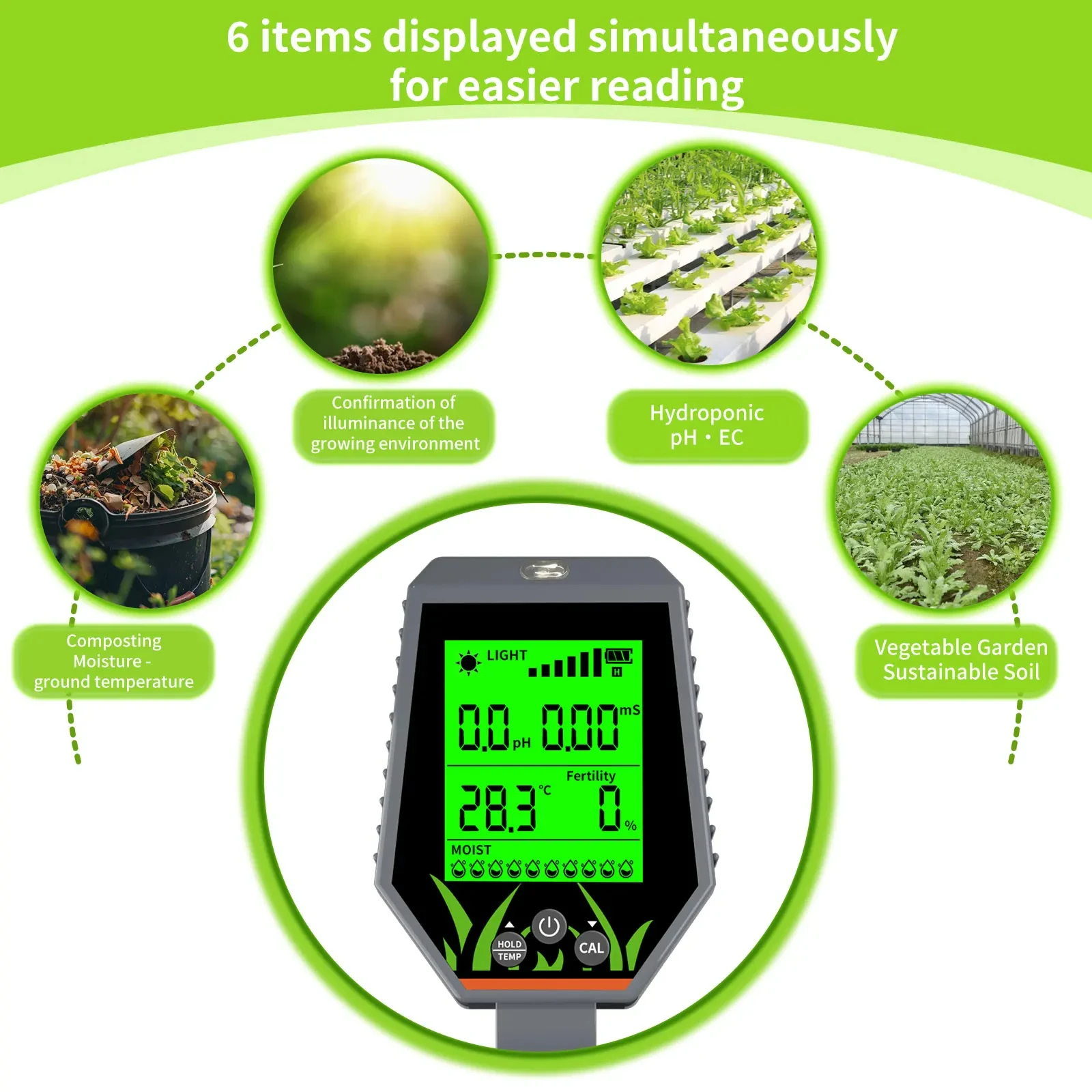 6in1 LCD Soil Tester PH/EC/Light/Moisture/Fertility Tester pH Meter Flower Plants Cultivation Gardening Humidity Monitor