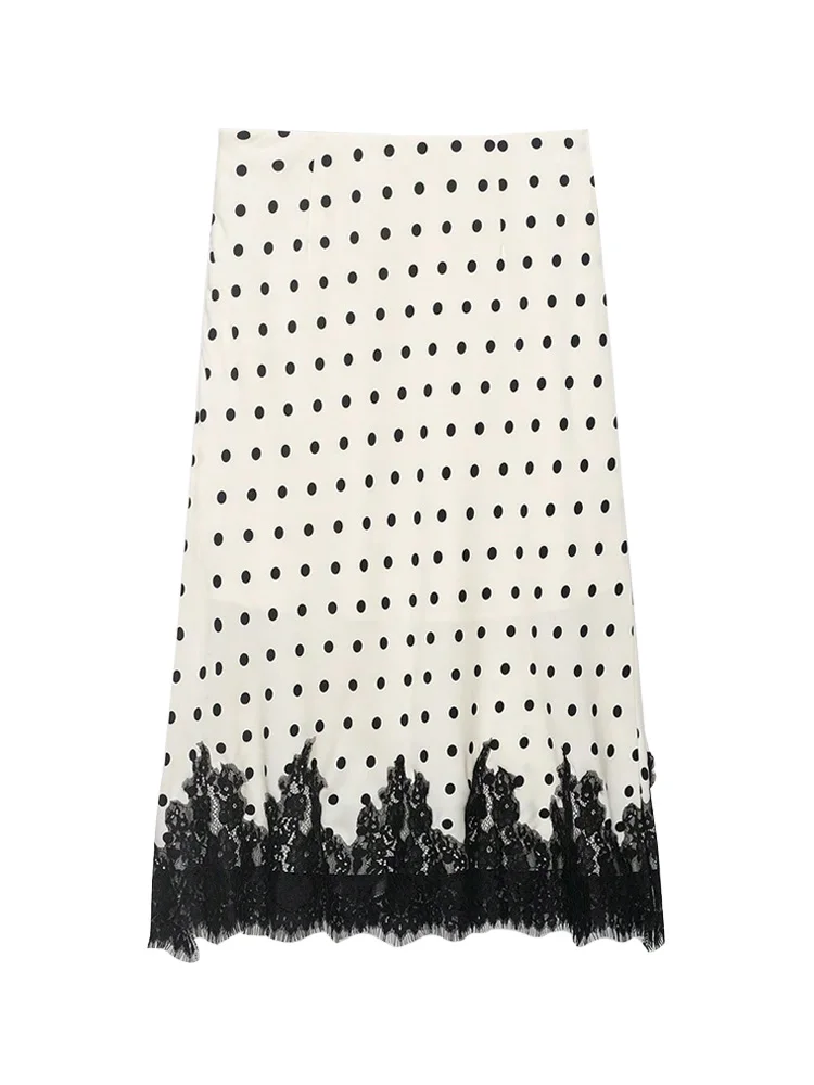 Fanan Women's Fashion Polka Dot Knee-Length Skirt with Side Zipper and Lace Patchwork, Suitable for Summer