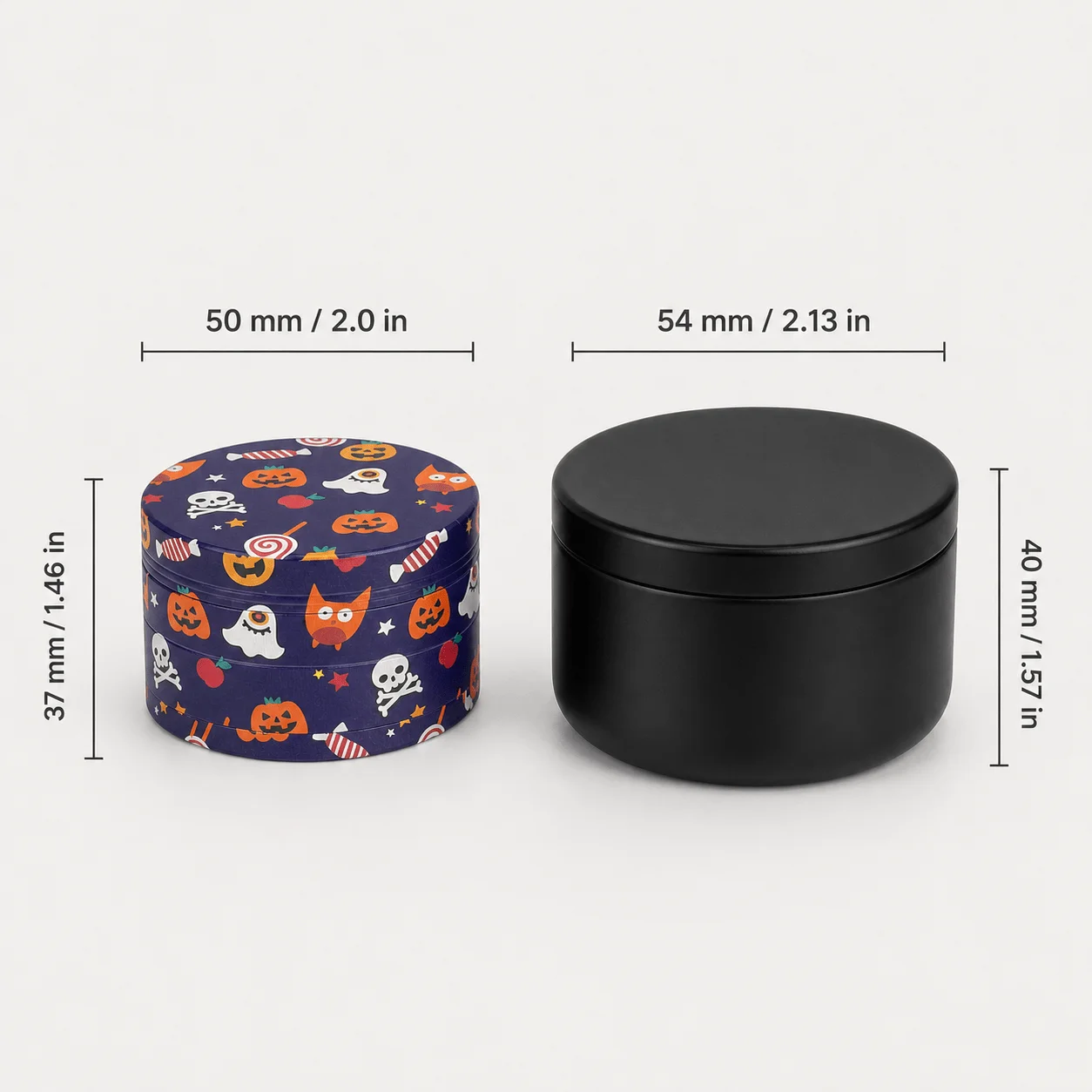 50mm Deep Purple Halloween Collage Zinc Alloy Herb Grinder Four Layer Hand Operated Tobacco Mill with a Black Storage Jar Set