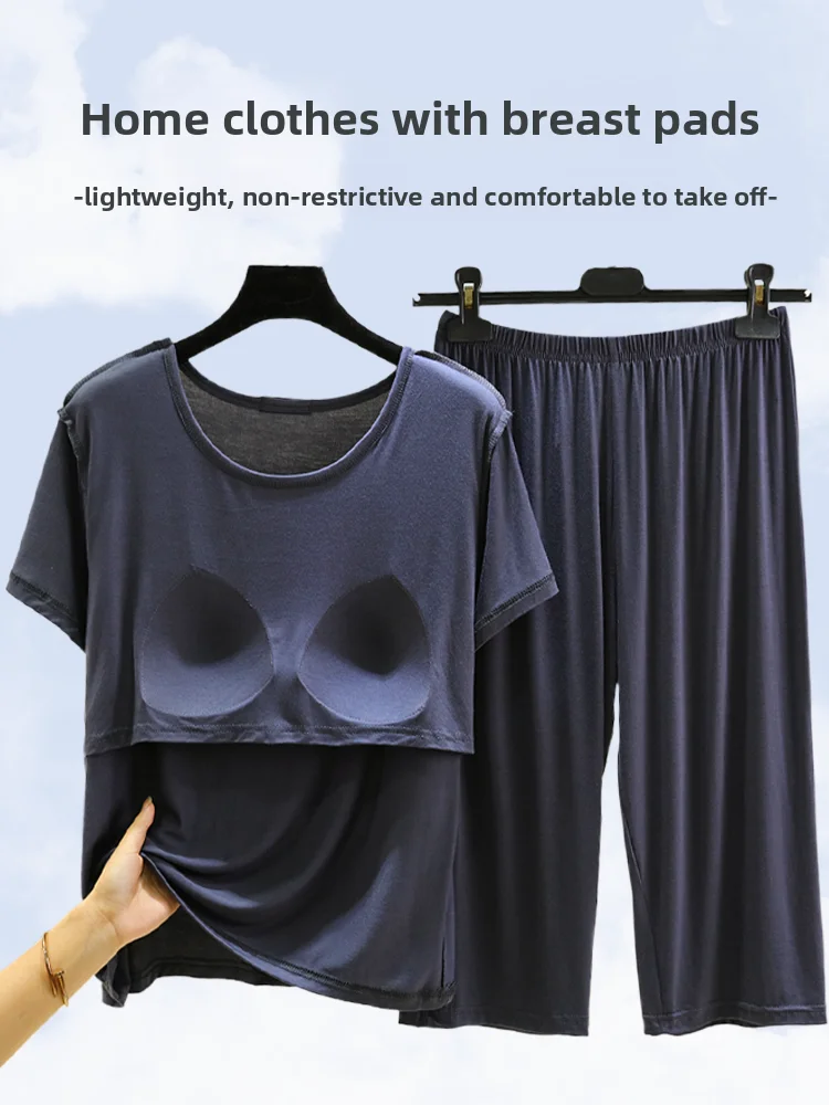 

Modal Thin ort Sve Seven-Foot Pants Casual Set Large Size Chest Pad Air Conditioning Spwear Home Clothes for Women