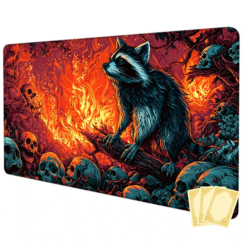 Death Forest and Raccoon TCG Playmat Magic Playmat Gathering Gaming Mat Stitched Edge Anti-slip base 60X35cm Trading Card Game