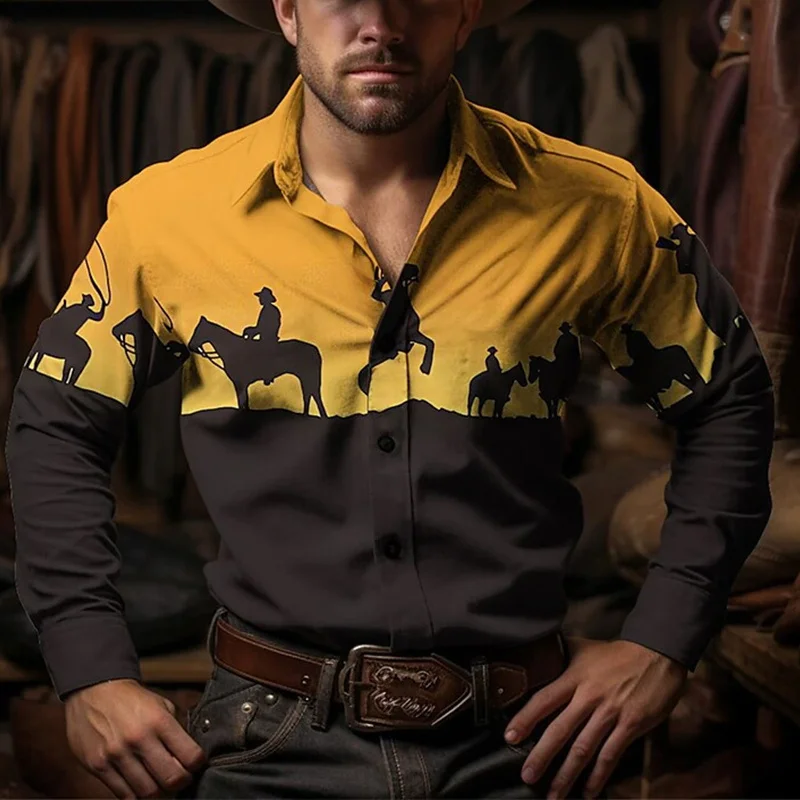 Men\'s retro Western 3D printed Western shirt Outdoor Resort Horse Racing Spring/Summer lapel long sleeve high quality shirt top