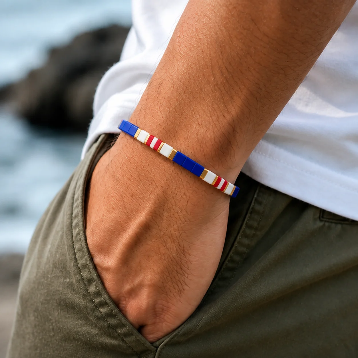 1pc Unisex Geometric Glass Tile Bead Strand Bracelet Red White Blue Gold Color Block Trendy Fashion Wrist Jewelry