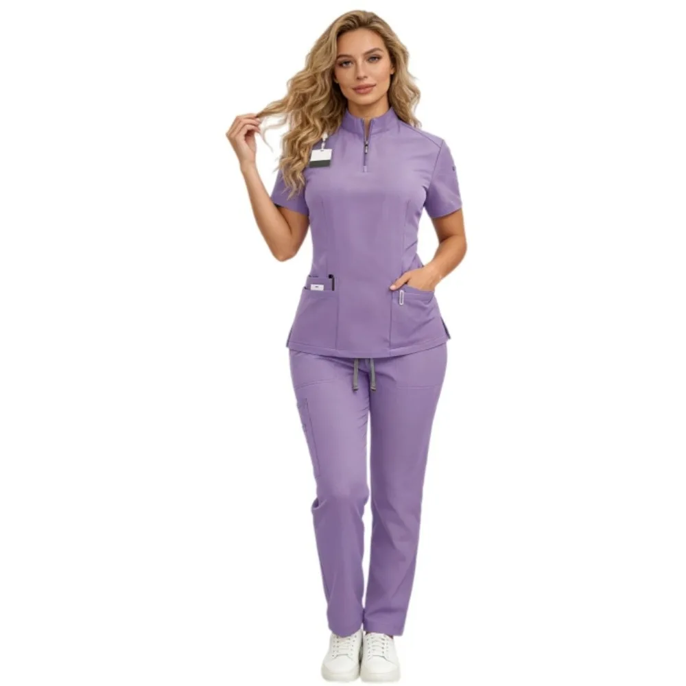 Womens Fashion Work Uniform Set Stand Collar Top & Drawstring Cuffed Jogger Pants, Soft Stretch 2 Piece Workwear in 4 Colors view 3