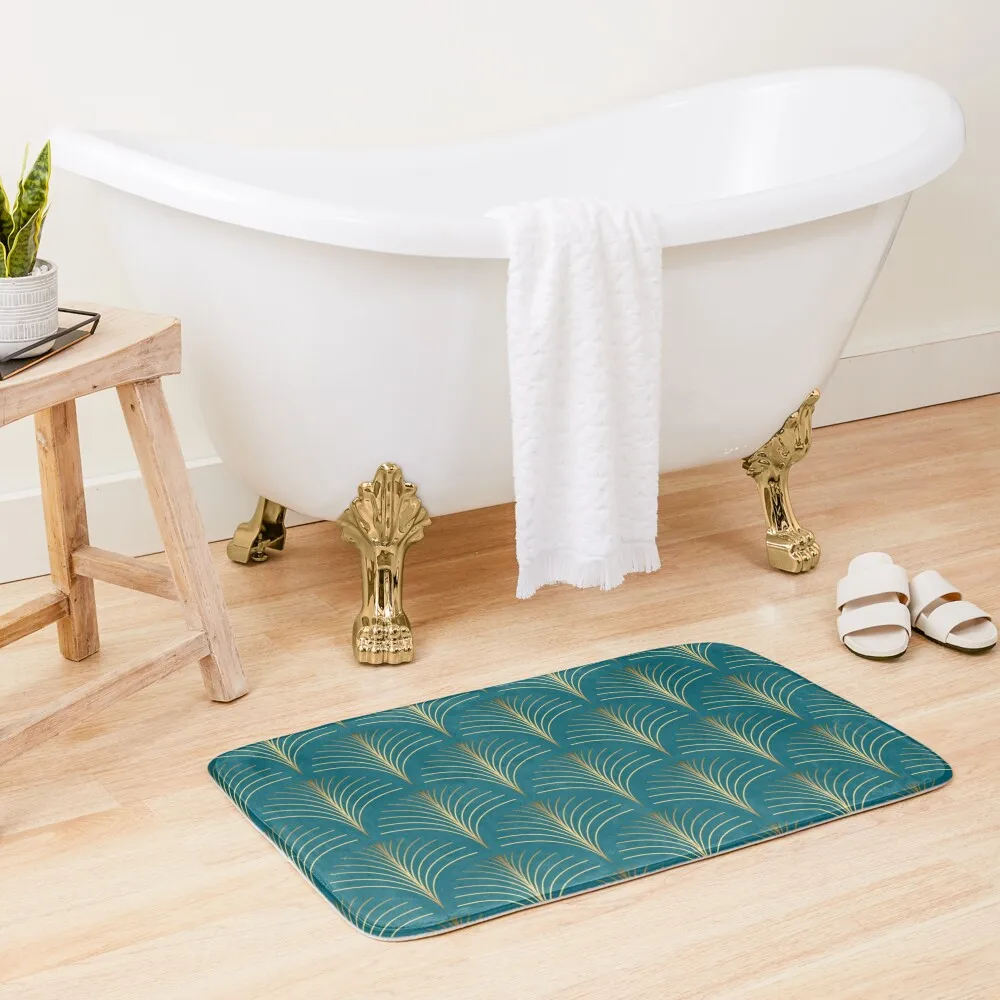 

Art Deco Golden Floral Fans And Turquoise Green Bath Mat Slip-Resistant Set Ofs In The Bathroom Bathtub Anti Slip Mat