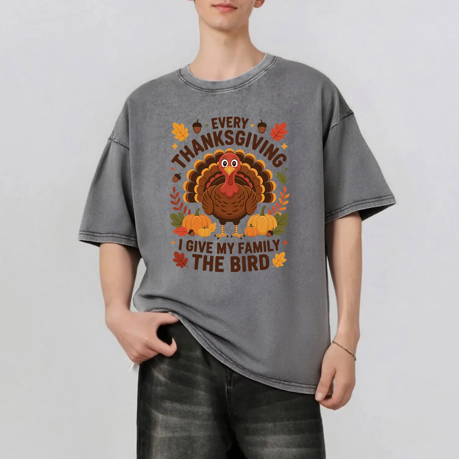 

Every Thanksgiving Graphic Printing Men's Summer Retro Style Washed Water T-Shirt Casual Short Sleeved Basic Men's Top 230G